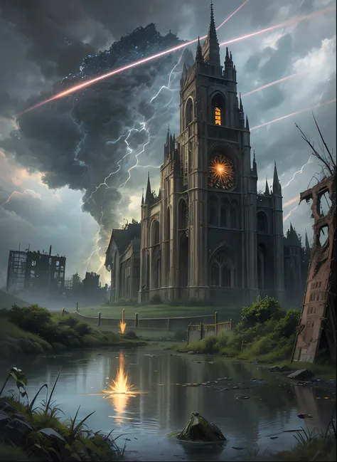 swamp, quarry, rocket debris sticking out of the water, , ruined medieval gothic church, rockets are flying, thunder lightning, ...