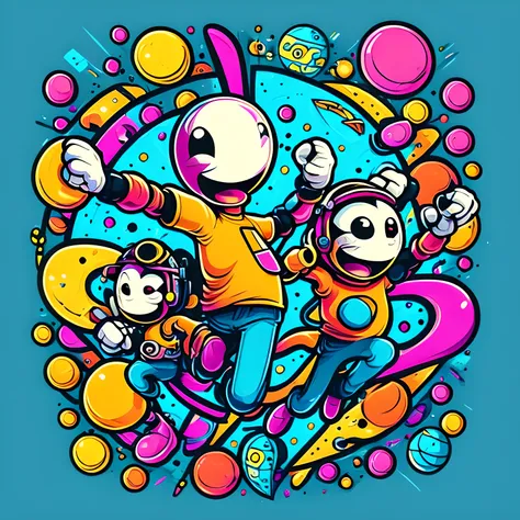 creative design for t-shirt graphics   with a colorful fun style minimalist layout and embossed logo a space adventure game