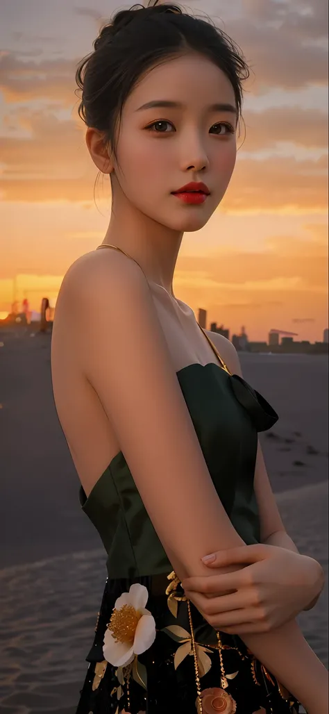 Arad woman in dress standing on the beach at sunset, soft sunset lighting, With sunset, in soft dreamy light at sunset, gorgeous chinese models, at dusk at golden hour, with a sunset, at beach at sunset, Chen Durin, inspired by Xie Sun, xintong chen, shot ...