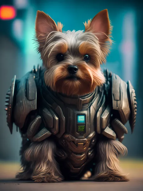 A Yorkshire Terrier Dog (Roboto) como o doomslayer, realistic scifi cyberpunk power armor robot, retrato de close-up ,fotografada com uma lente de 35mm