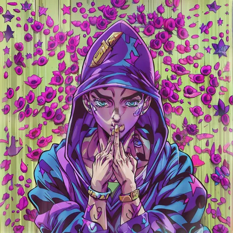 Photo of a woman in a blue-black hooded dress, in jojos bizarre adventure, jojo anime style, jjba, JOJOs bizarre adventure, jojo bizarre adventure, Jojo had an amazing adventure, jojos bizarre adventures, Jojo style，Araki grain on the face，Dark，brown  hair...