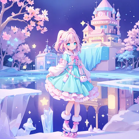 (1girl), idol, ice skating on the frozen lake, kawaiitech, kawaii, cute, pastel colors, best quality, happy, deep background