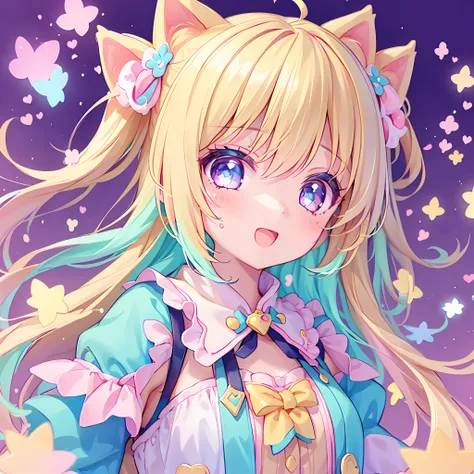 (1girl), idol, closeup, eyes, kawaiitech, kawaii, cute, pastel colors, best quality, happy, deep background