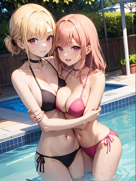 (masuter piece:1.2、top-quality)、(Soft light)、(shinny skin)、(2 girls)、((Putting on your chest and hugging each other))、、maikurobikini、between breasts、blonde hair、((Chest Hold))、breastsout、a choker、cleavage of the breast、鎖骨、verd s eyes、(((Colossal tits)))、S...
