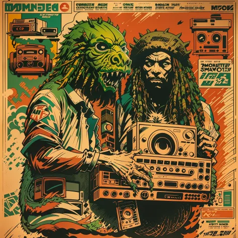 a ((((([rasta monster])))))), ( full body shot) holding a boombox, ghetto blaster, big ghetto blaster, tape deck, lofi hip hop, ...