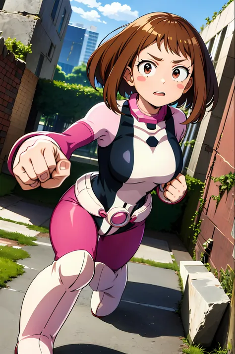 masterpiece, best quality, highres, hmochako, blush stickers, short hair, medium breasts, superhero, bodysuit, boots, ruins, bui...