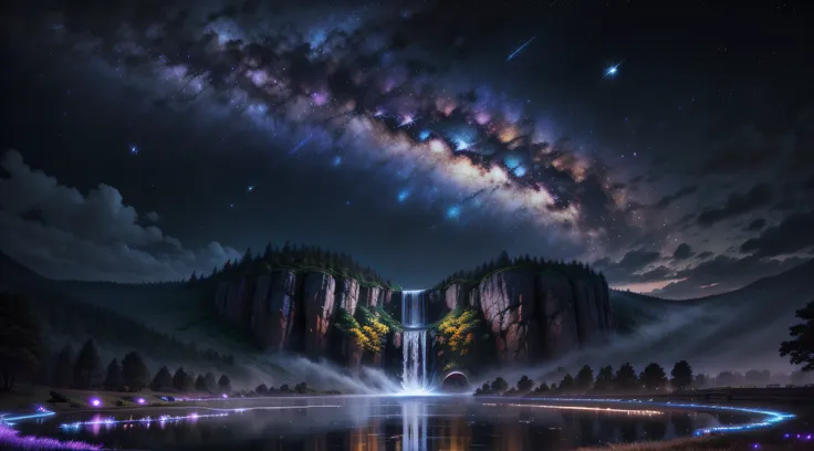 ultra wide shot、starrysky、a 30-meter-high waterfall flows through it、 large pond、skysky, natta, milkyway, nigh sky, colorful sce...