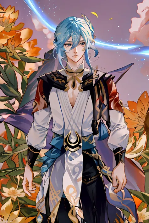 anime - style image of a man in a white shirt, black pants, embroidered clothes, kaveh from genshin impact, genshin impact character, genshin, genshin impact style, video game genshin impact, delicate androgynous prince, magic effect swirls on background, ...