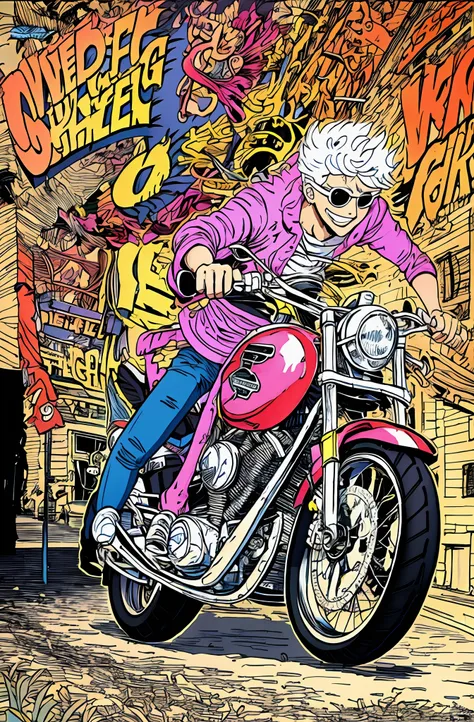 a smile、white hair color、neon street、riding on motorcycle