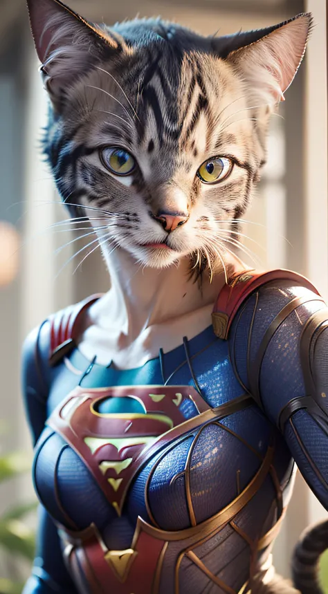 Uma linda gata ((Close-up, Anthropomorphic cat standing in supergirl costume):1.5), fotorrealista, ultra-detalhado, detalhes intrincados, 8k, super detalhado, volumático, HDR, Realistic, Motor irreal, 16k, (((foco nítido))), octan render, da mais alta qual...