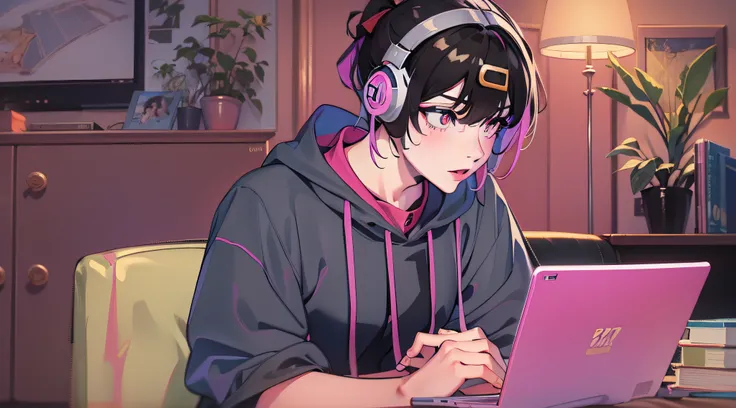 Menino anime sentado em uma mesa com fones de ouvido e um laptop, livros ao lado, menino lofi, Digital anime illustration, Retrato Lofi, estilo anime 4K, anime moe artstyle, Elogio Artstyle, estilo anime. 8k, estilo anime moderno, arte de anime digital, Il...