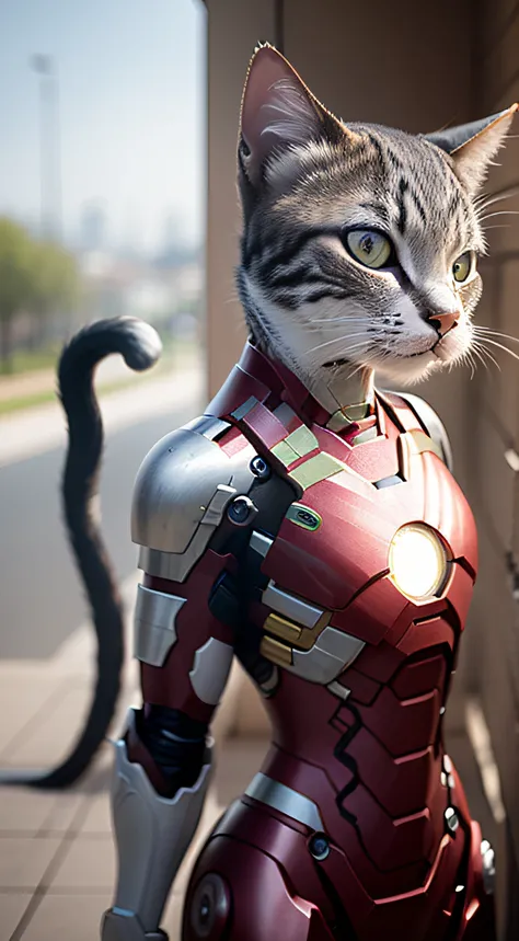Uma linda gata ((Close-up, Anthropomorphic cat standing in ironman armor):1.5), fotorrealista, ultra-detalhado, detalhes intrincados, 8k, super detalhado, volumático, HDR, Realistic, Motor irreal, 16k, (((foco nítido))), octan render, da mais alta qualidad...
