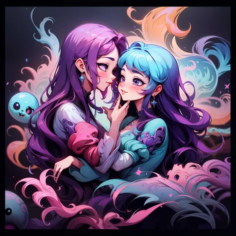 adesivo, fundo simples, retrato, 2 girls, couple, girl with long hair, girl smilling, princess aesthetics, beautiful princess girl, very beautiful fantasy art, beautiful and elegant female princess, beautiful detailed fantasy, purple and pink color palate,...