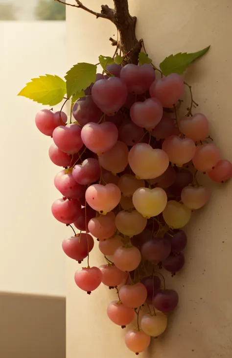 a bunch of grapes hangs on the wall, translucent grapes, , rendered in povray, close-up of translucent grapes, taken with a sony...