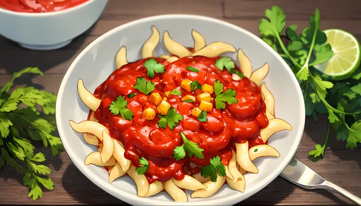 a pasta dish with red sauce and fresh herbs.