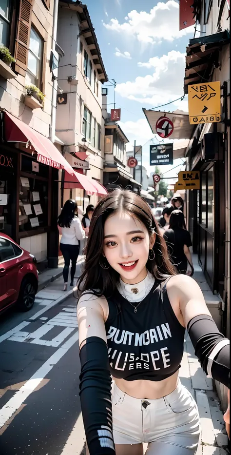 there is a woman taking a selfie in the street, she is smiling and excited, she expressing joy, dilraba dilmurat, low quality video, she is smiling and happy, tiktok video, ruan cute vtuber, dang my linh, 8k selfie photograph, she is smiling, she has a cut...