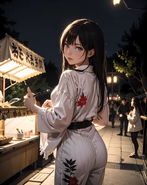 masterpiece, best quality, ultra-detailed, illustration, omatsuri, food stand, 1girl, beautiful eyes, looking at viewer, from behind, cowboy shot, looking back, yukata, tree, outdoors,road, walking, crowd, night, lantern, festival, food, pavement, crosswa...