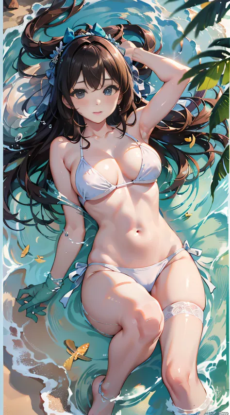 (8K、Raw photography、top-quality、masterpiece:1.2)、Illustration Touch、ultra-detailliert、超A high resolution、1 fair-skinned girl、dark brown hair、closing eye、White sandy beach、((bare-legged))、lensflare、a white bikini、Sleeping face down、