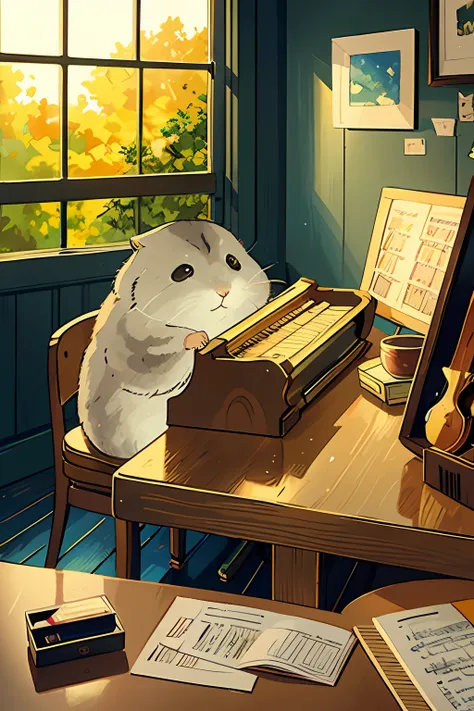 the hamster is playing the guitar,in front of the hamster is the 1 piano,, (masterpiece:1.2),best quality,masterpiece,highres,or...