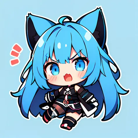 1girl in,cat's ears,(chibi:1.2),get angry,blue hair,full body esbian