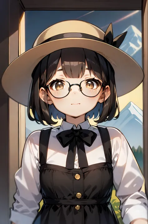 (1 16-year-old girl、a dark-haired、short-hair、straight haired、bow ribbon、light brown eyes、black glasses、small tits、cute  face)、in...