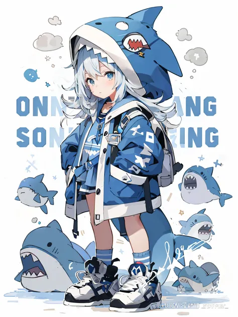 cartoon drawing of a girl in a blue jacket and shark hat, trending anime art, trending anime artwork, anime trending artwork, ka...