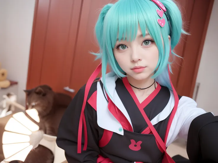 alafi in costume holding cookies and cats, anime girl cosplay, hatsune miku cosplay, anime cosplay, mikudayo, cosplay, cosplay f...