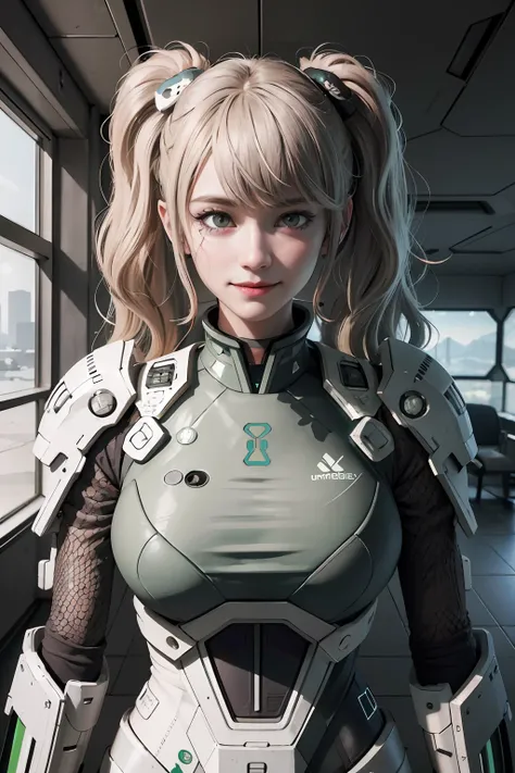 portrait of a beautiful [girl | woman]  junko enoshima wearing green mark iv armor from halo holding a br55 battle rifle inside ...