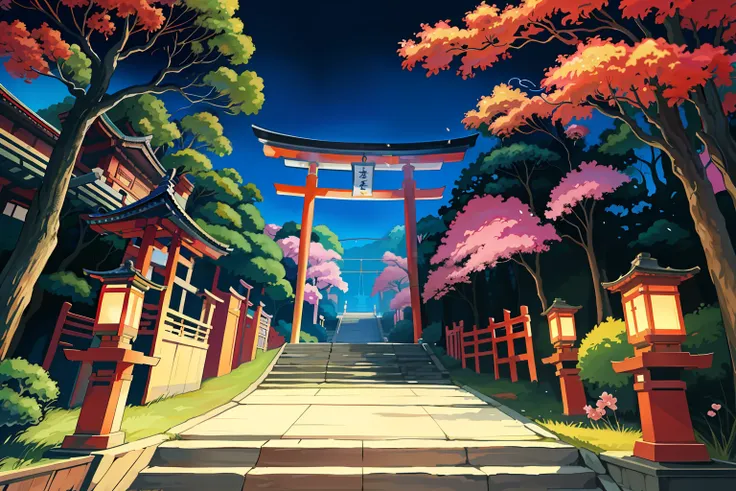 there is a painting of a japan garden with lanterns, anime background art, detailed scenery —width 672, anime scenery concept ar...