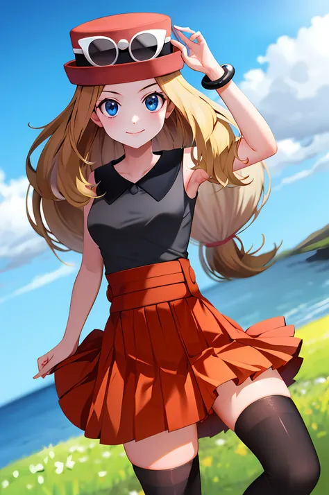 masterpiece, best quality, highres, blue eyes, serena \(pokemon\), 1girl, solo, thighhighs, long hair, hat, jewelry, bracelet, b...