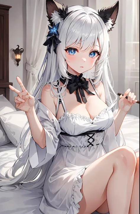 lazy wind，wide blue eyes，white hair，dull hair，beast-eared maiden，white tones，sitted，1girll，solo，adolable，white dresses，hazy big ...