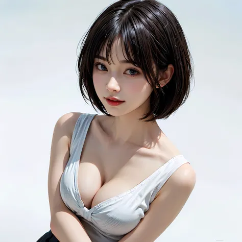 ((Immaculate white background with nothing really、short hair with clean 46-point bangs,,,,,,,Shorthair、Look firmly at the camera))、masterpiece、masterpiece、top-quality、top-quality、realisitic、Unity、8k wallpaper、Official art、Highly detailed CG Unity 8K wall...