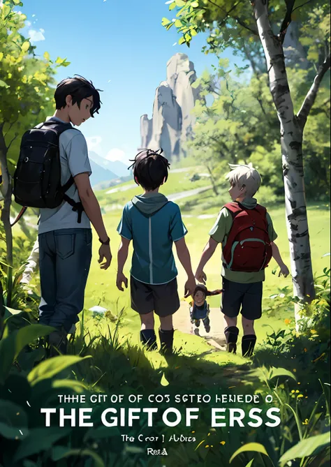 capa de livro com dois meninos de 14 anos cabelos escuros e mochila de aventureiro nas costas, The title of the book is: "The Gift of Heroes: A Journey to Rescue Lost Children"