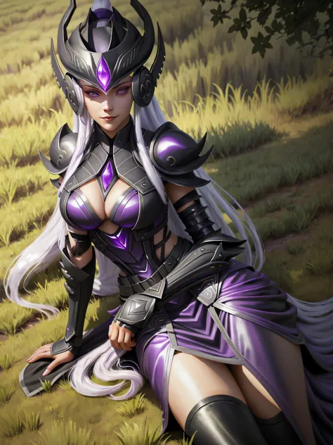 sky, grass, field, syndra, league of legends, 1girl, hand on hips, armor, black gloves, black thighhighs, breasts, long hair, lo...