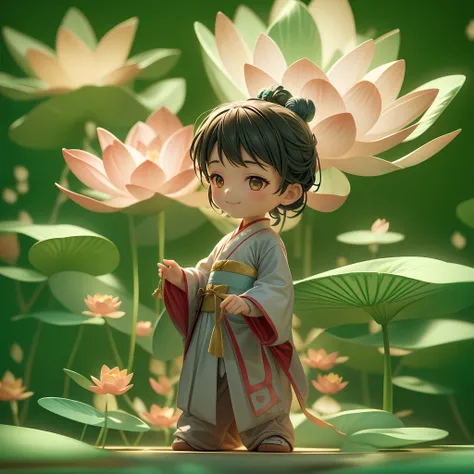 cinematic angle,( Cute little boy,anatomically correct,full body,Masterpiece lotus,Masterpiece Hanfu,smile),(illustration,paper art,a 3D render),(extremely colorful, Best quality, Detailed details, Masterpiece, offcial art, movie light effect, 4K, Chiarosc...