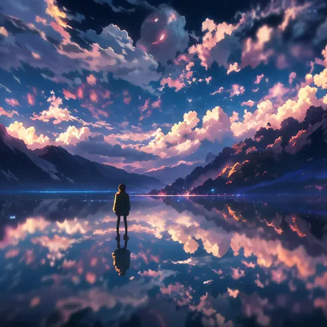 anime, a man in front of a lake looking up at the sky, anime art wallpaper 4k, anime art wallpaper 4k, anime art wallpaper 8 k, ...