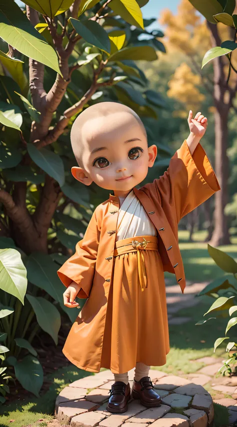 A cute little monk aged 3,Monkhood,ssmile,Put your hands together in front of your chest,Yellow Sleeve,naturey,big trees,falling leaf,Natural light,Works of masters,high qulity,Complicated details,8K high-definition