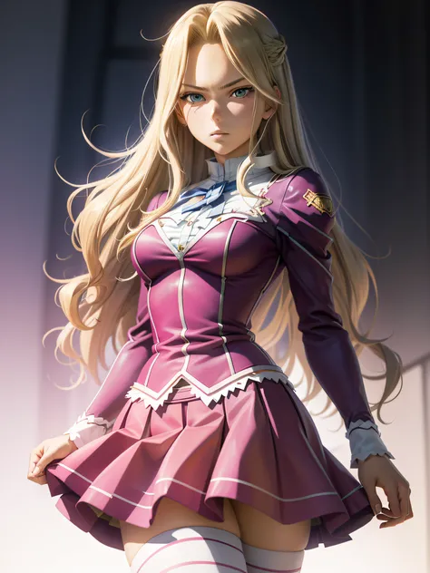 masterpiece, best quality, 1girl, elizabethmably, blonde hair, long hair, blue eyes, cowboy shot, pink skirt, miniskirt,  torn c...