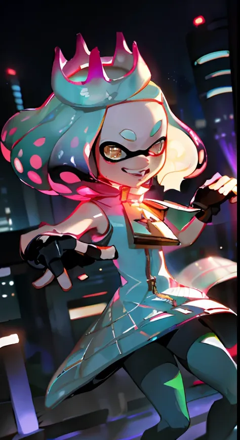 masterpiece, best quality, splatoon, pearl, dancing, futuristic city background, night time