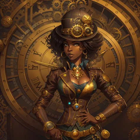 there is a african woman in a steam punk outfit standing in front of a clock, a steampunk beautiful goddess, african steampunk a...