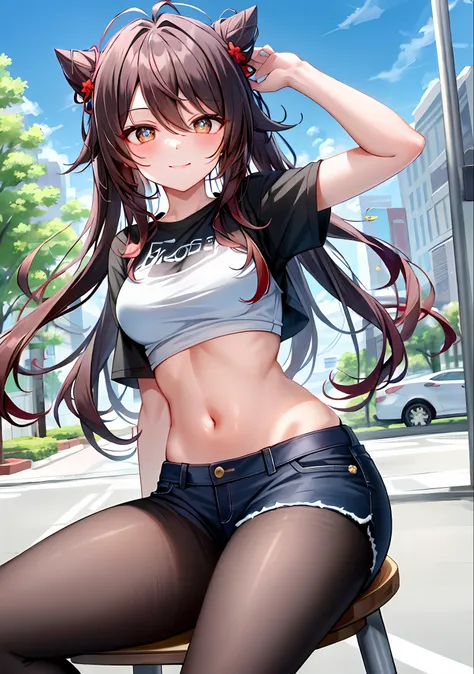 (masterpiece, best quality, ultra-detailed), hu tao \(genshin impact\), (black hair), cone hair bun, twin tails, long hair, swep...