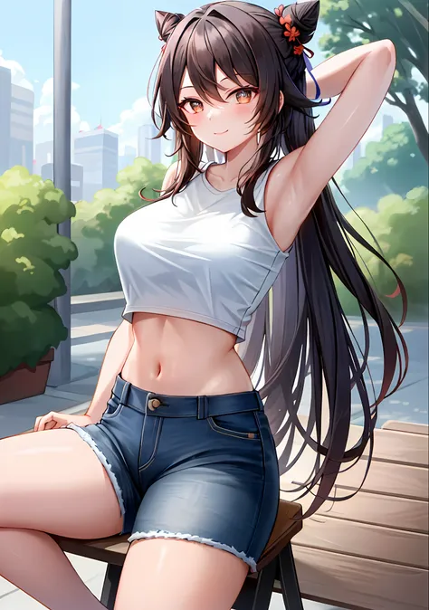 (masterpiece, best quality, ultra-detailed), hu tao \(genshin impact\), (black hair), cone hair bun, twin tails, long hair, swep...