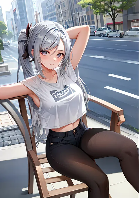 (masterpiece, best quality, ultra-detailed), Shenhe (genshin impact), (silver hair), cone hair bun, twin tails, long hair, swept bangs, braid, braided bangs, silver eyes, silver eyes,
(wearing a t-shirt:1.2), sitting on a chair outside of caf, embracing th...