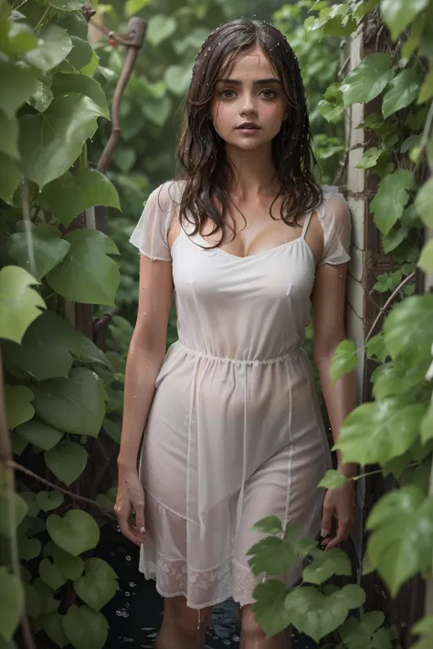 ((jenna coleman entet weintrauben)), (standing between grapevines),
sommersprossen, ((she has round breasts)), (white wet sheath...