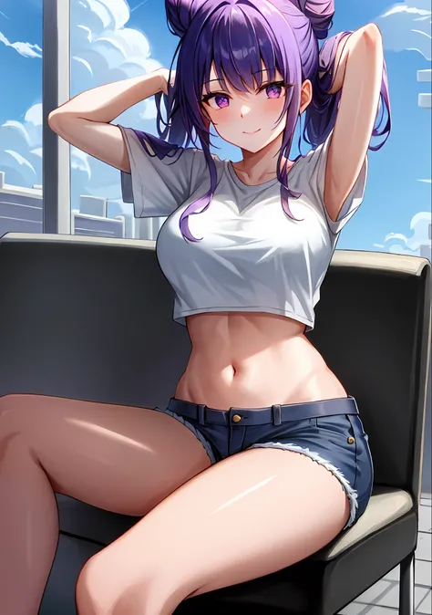 (masterpiece, best quality, ultra-detailed), Raiden shogun (genshin impact), (purple hair), cone hair bun, twin tails, long hair, swept bangs, braid, braided bangs, purple eyes, pink eyes,
(wearing a t-shirt:1.2), sitting on a chair outside of caf, embraci...