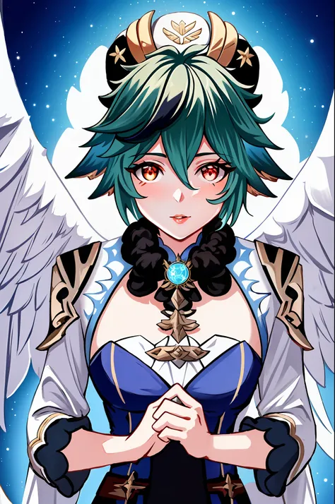 (genshin impact),
masterpiece, digital painting, best quality, detailed, stunningly attractive, detailed background,dynamic pose, cinematic lighting, sharp focus, black hair, red eyes, white blue and gold clothes, fox ears, angel corns, pink lips (excel...