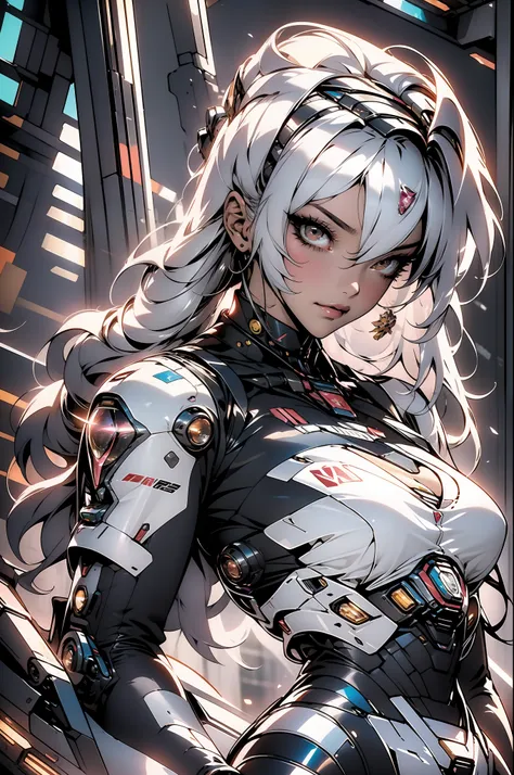 uma mulher adulta poderosa em seu traje mecha mega detalhado, armamento pesado, viseira cyberpunk, grafismos hi-tech por todo o ...