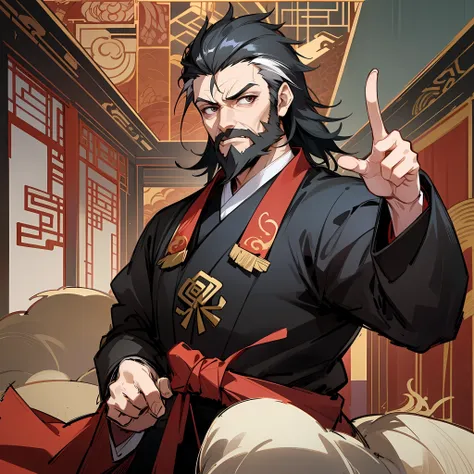 kryuger， 独奏， 1boy， malefocus， pointing at viewers， pointing finger，dressed in gorgeous black hanfu， cabelos preto e longos，the b...