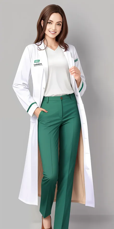 a woman in white coat and green pants, sorridente, in the age group of 30 years, usando sapatos brancos que aparecem por inteiro...