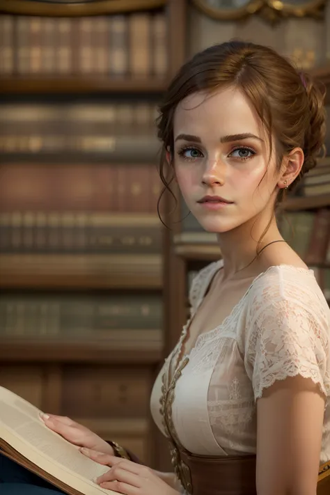 ((emma watson)), (she sits in an old library and leafs through a thick book), sommersprossen, ((ponytail)), ((she has small roun...